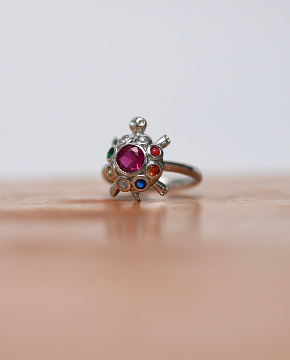 Silver Navaratna Model Tortoise Ring|Aama Mothiram