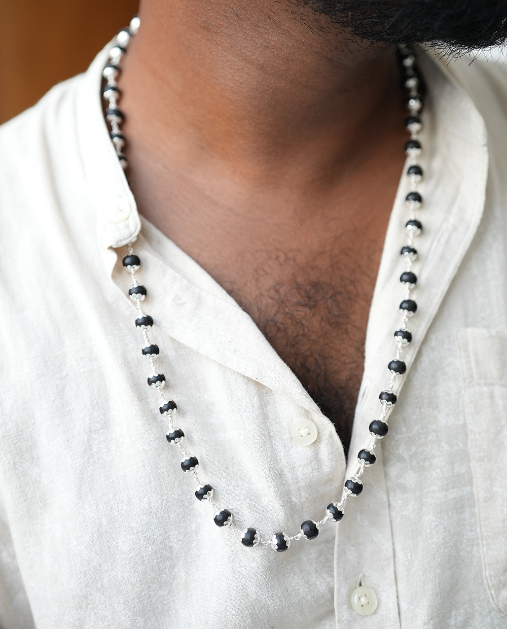 Original Silver karungali 7mm Mala With Cup (Including Silver Beads) 63 BEADS