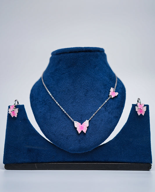 Pink Silver Butterfly Necklace