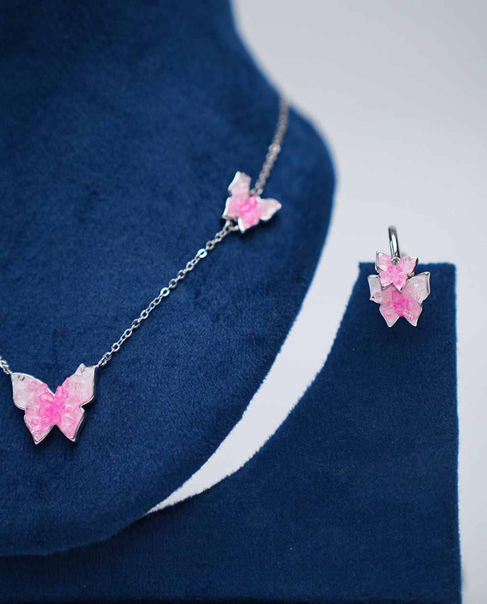 Pink Silver Butterfly Necklace