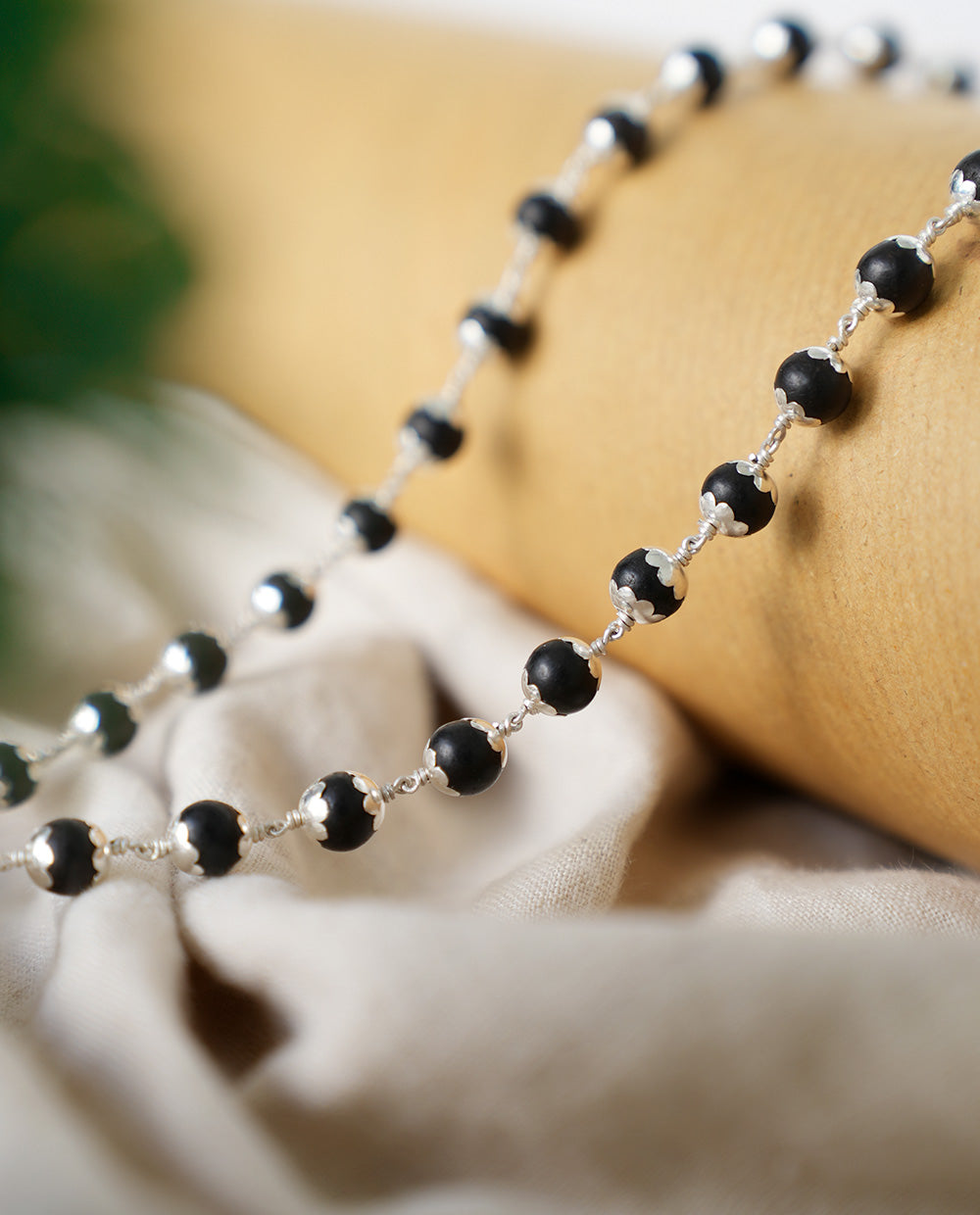 Original Silver karungali 7mm Mala With Cup (Including Silver Beads) 63 BEADS