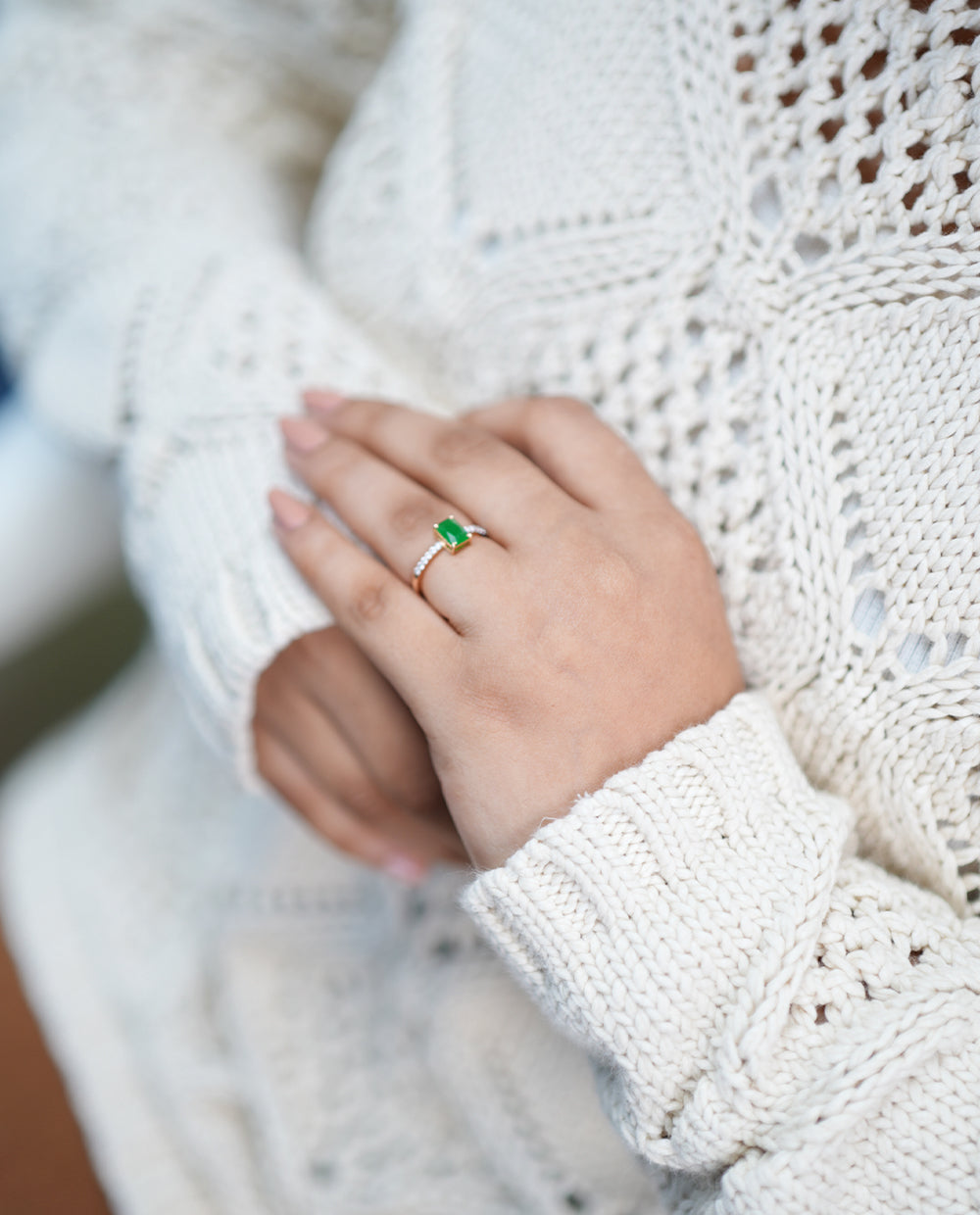 Green Stone Ladies Diamond Ring