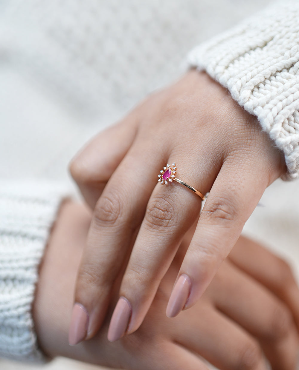 Ladies Pink Stone Diamond Rings-18K