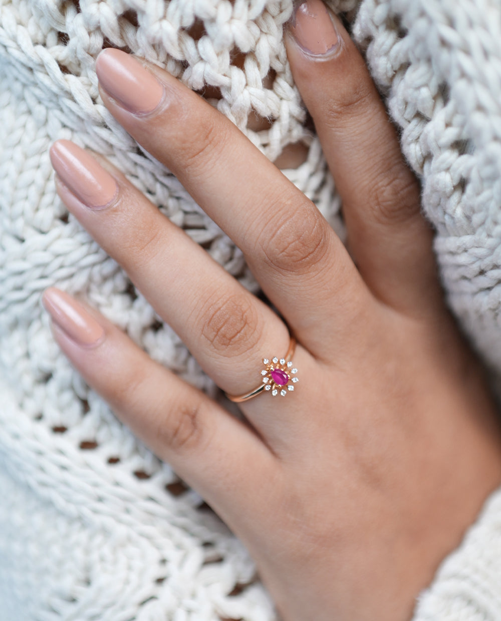 Ladies Pink Stone Diamond Rings-18K