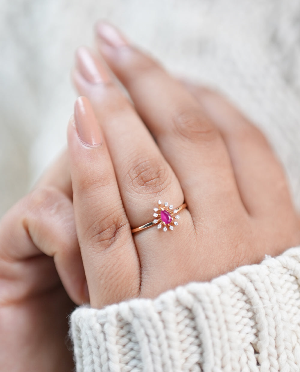 Ladies Pink Stone Diamond Rings-18K