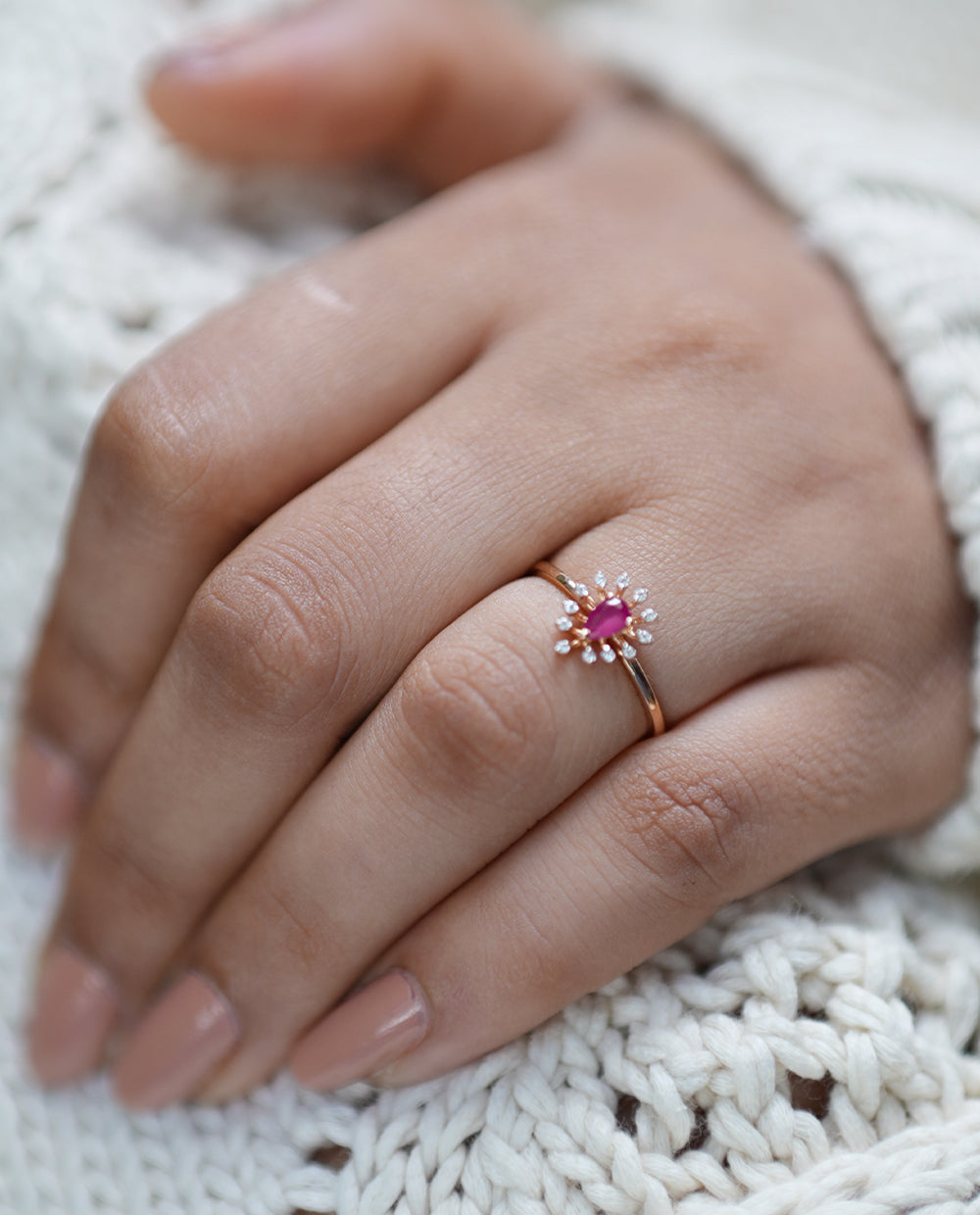 Ladies Pink Stone Diamond Rings-18K
