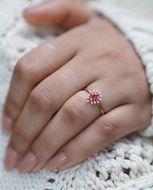 Ladies Pink Stone Diamond Rings-18K