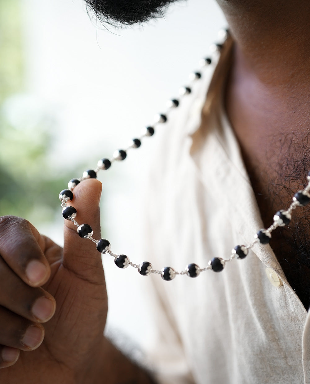Original Silver karungali 7mm Mala With Cup (Including Silver Beads) 63 BEADS