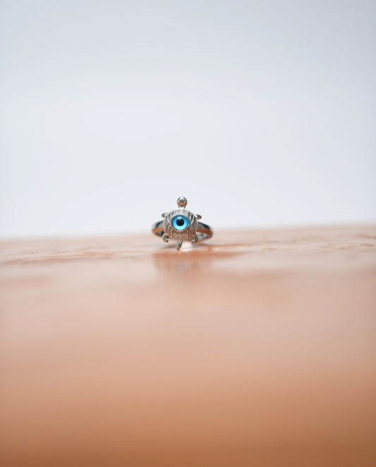 Silver Tortoise Evil Eye Ring