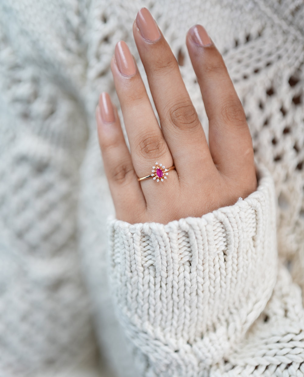 Ladies Pink Stone Diamond Rings-18K